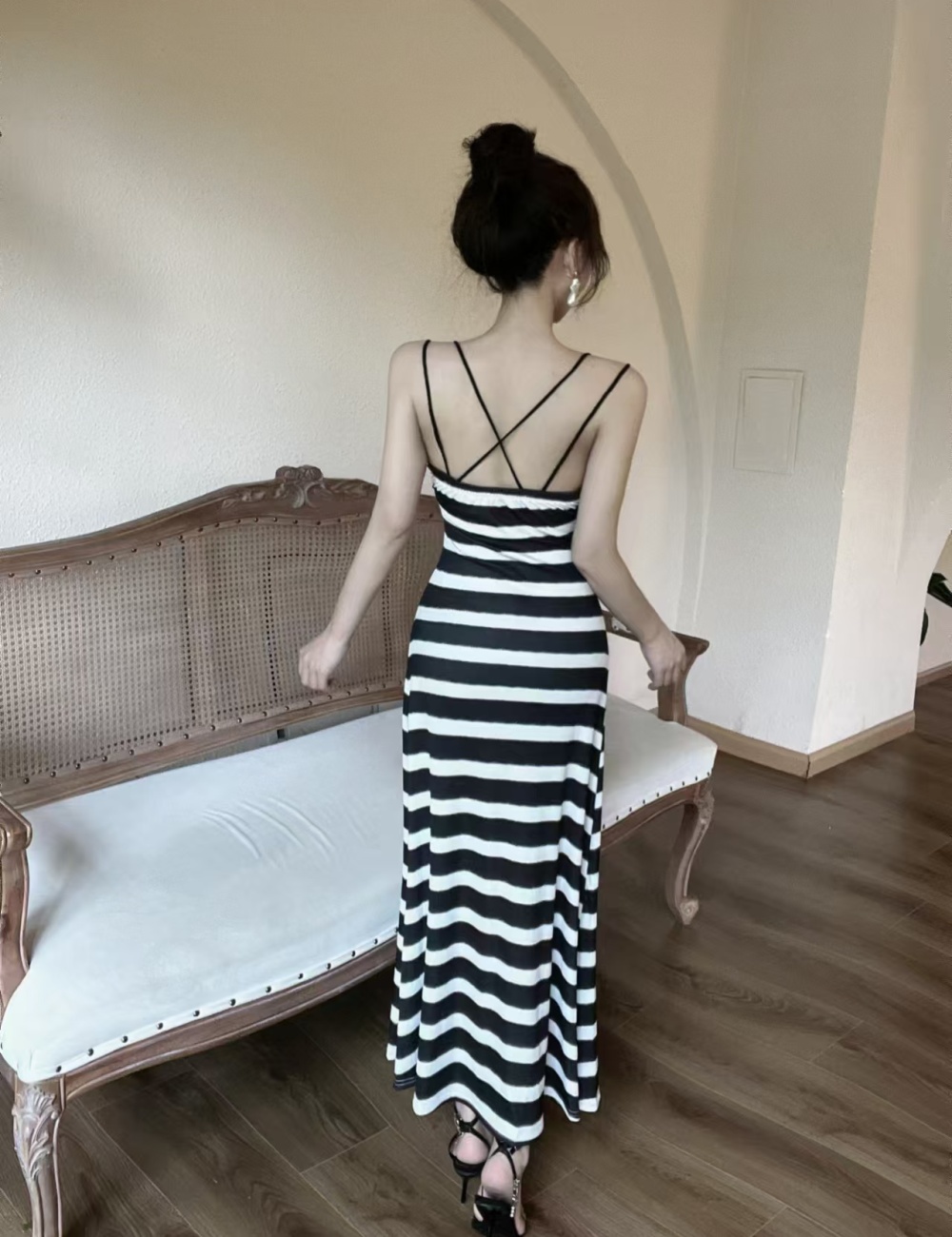 Bottoming sexy knitted sling long halter stripe dress