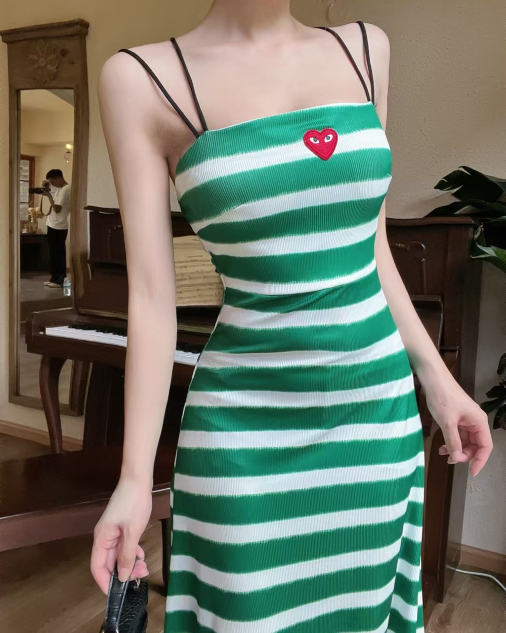 Bottoming sexy knitted sling long halter stripe dress