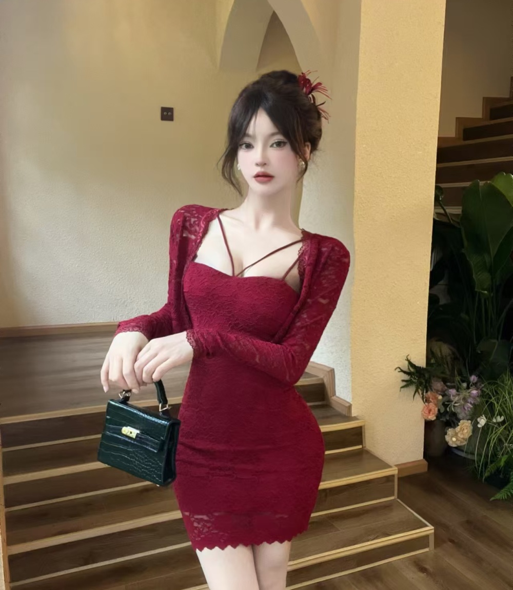 Autumn long sleeve dress sexy sling cardigan 2pcs set