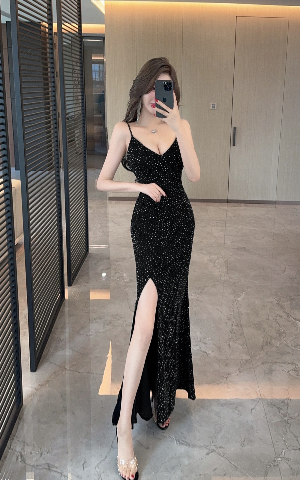 Sexy golden velvet sling fully-jewelled low-cut dress