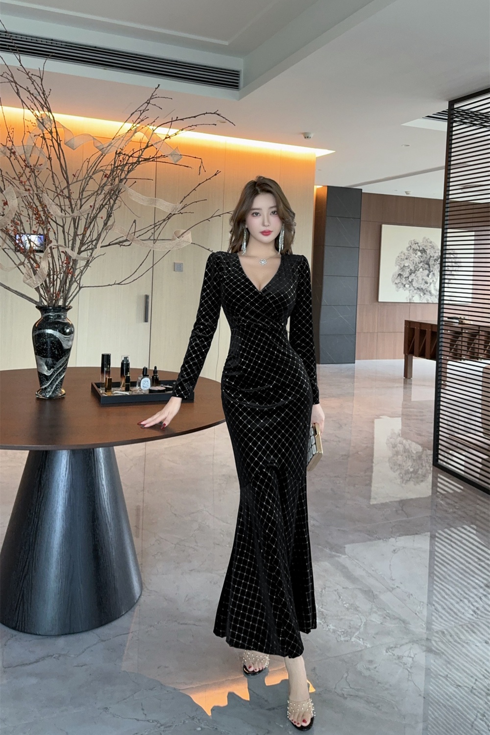 Long sleeve sexy formal dress big skirt dress