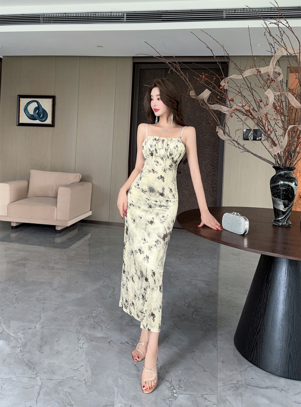 Sling printing niche long dress slim sexy dress