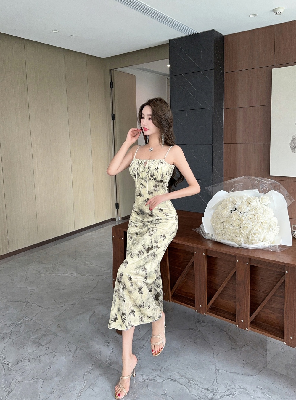 Sling printing niche long dress slim sexy dress