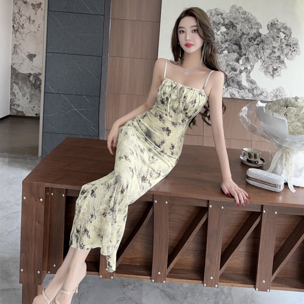 Sling printing niche long dress slim sexy dress