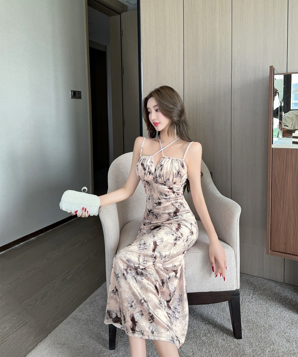 Sling printing niche long dress slim sexy dress