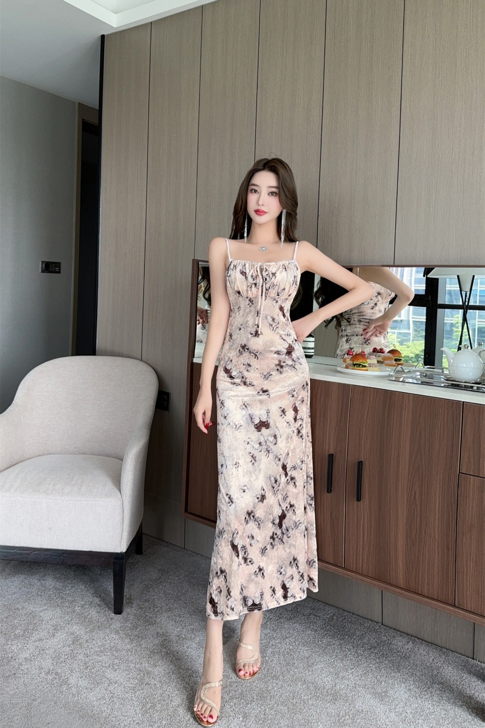 Sling printing niche long dress slim sexy dress