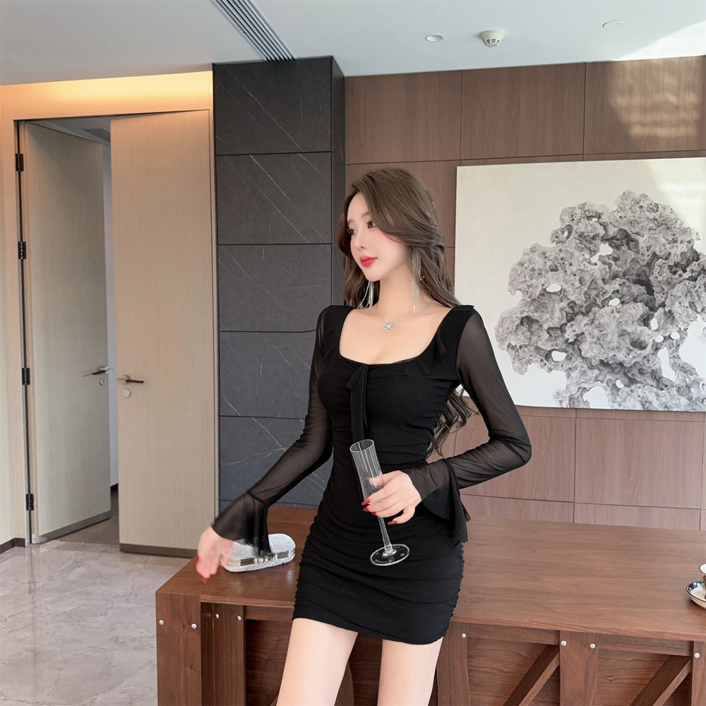 Package hip gauze pinched waist sexy dress for women