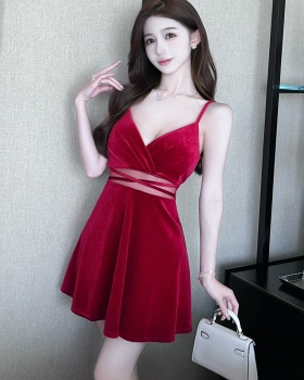 Sling bottoming hollow sexy short big skirt dress