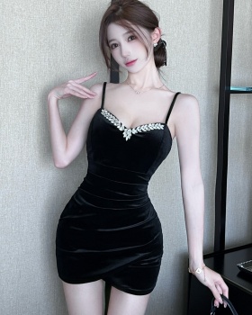 Short sling golden velvet formal dress bottoming sexy dress