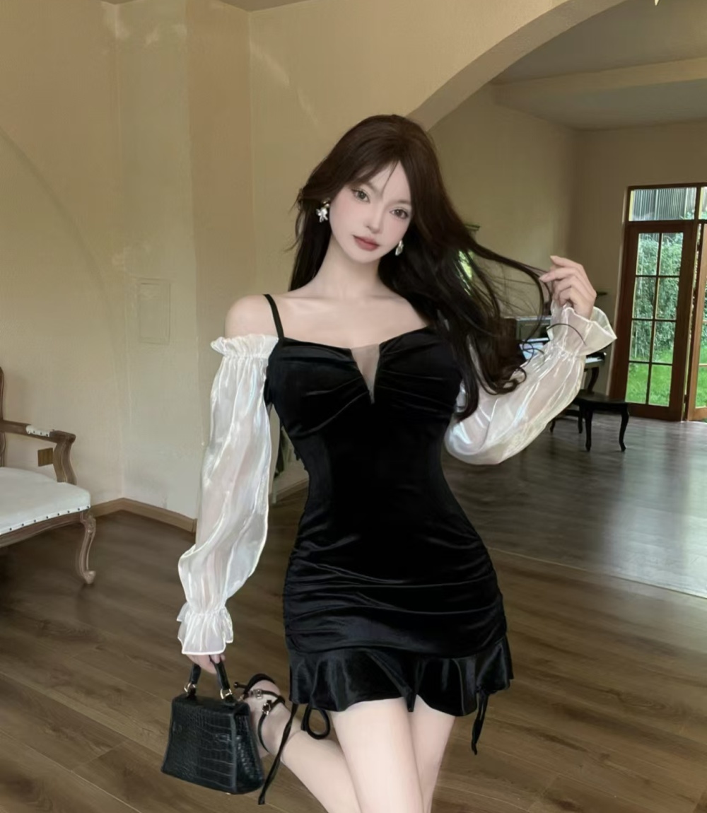 Velvet package hip splice bottoming long sleeve dress