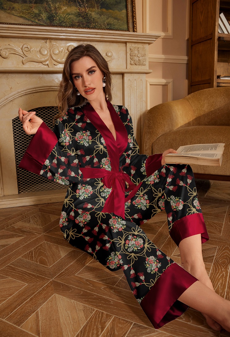 Autumn ice silk colors at home pajamas 2pcs set for women