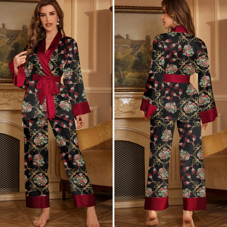 Autumn ice silk colors at home pajamas 2pcs set for women