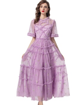 Purple embroidered flowers formal dress summer splice dress