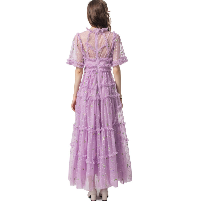 Purple embroidered flowers formal dress summer splice dress