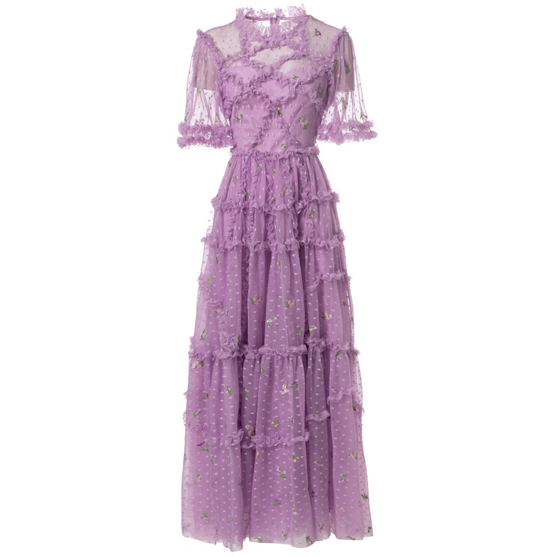 Purple embroidered flowers formal dress summer splice dress