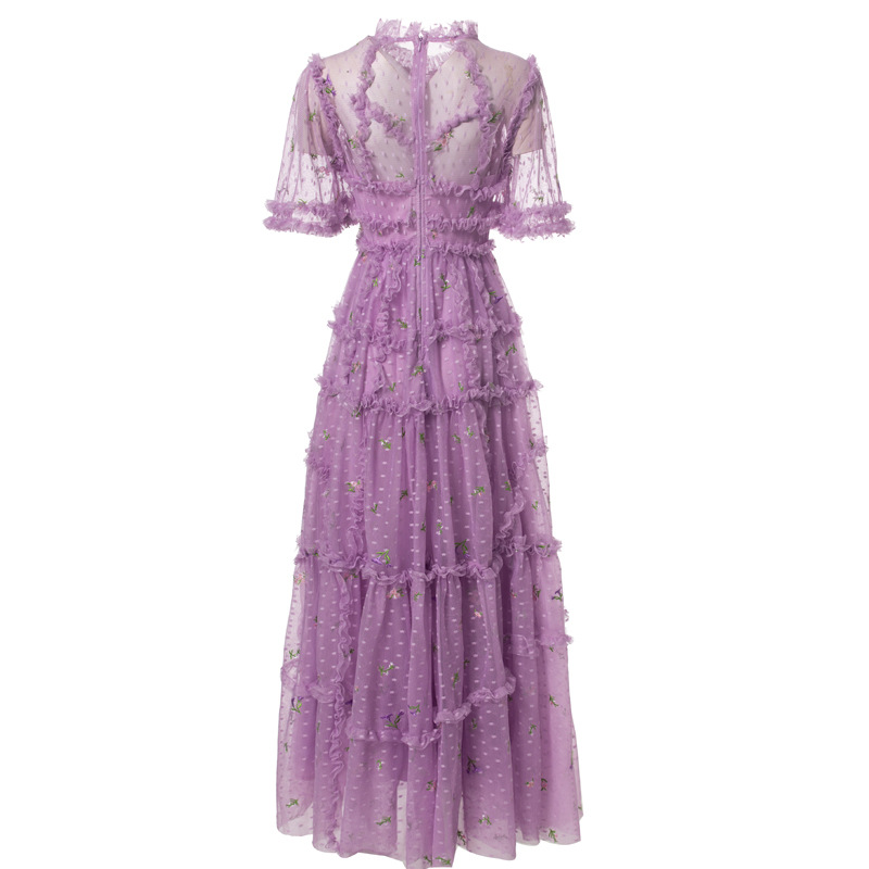 Purple embroidered flowers formal dress summer splice dress