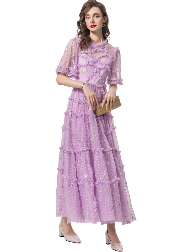 Purple embroidered flowers formal dress summer splice dress