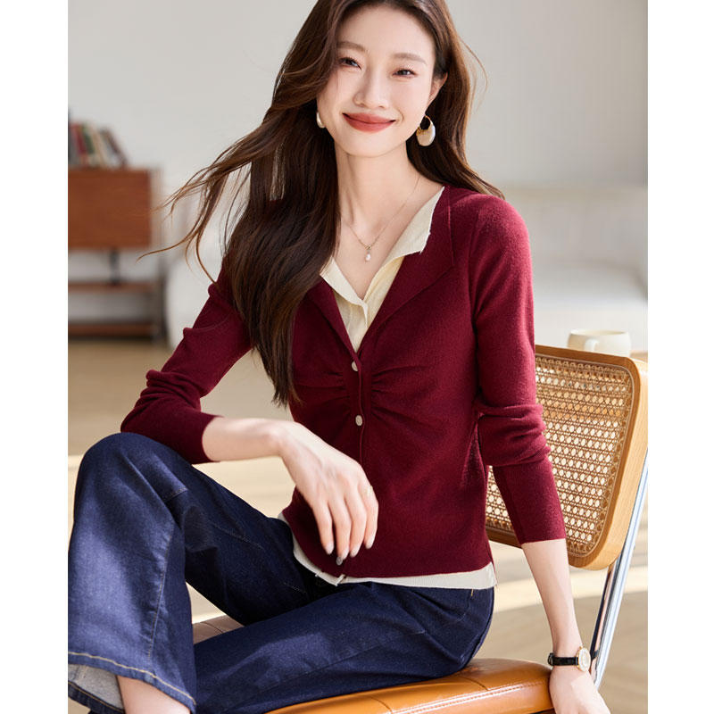 Retro autumn and winter sweater Pseudo-two long sleeve tops