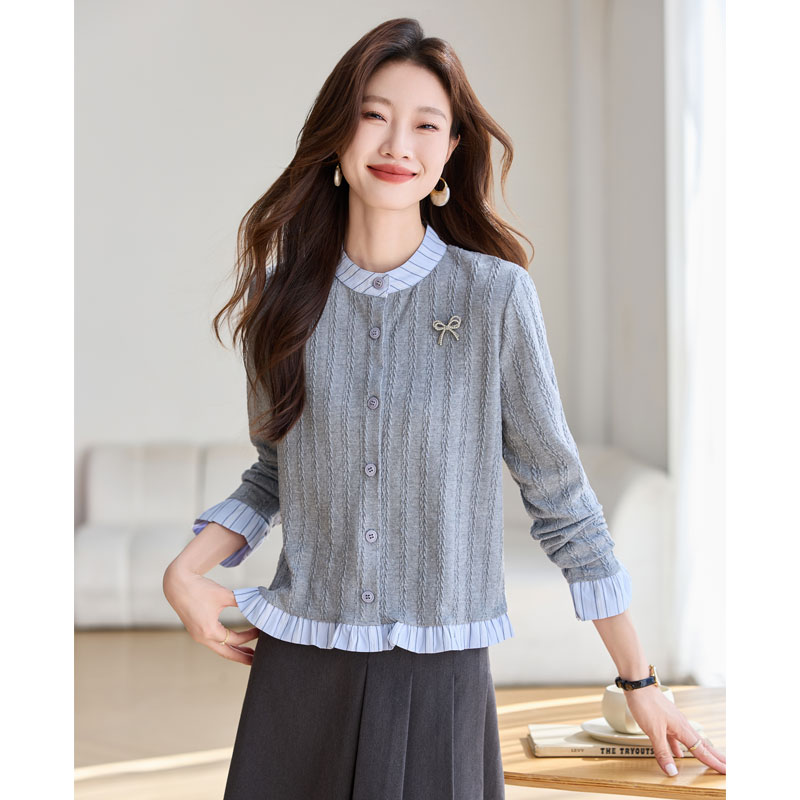 France style slim autumn tops stripe cstand collar sweater