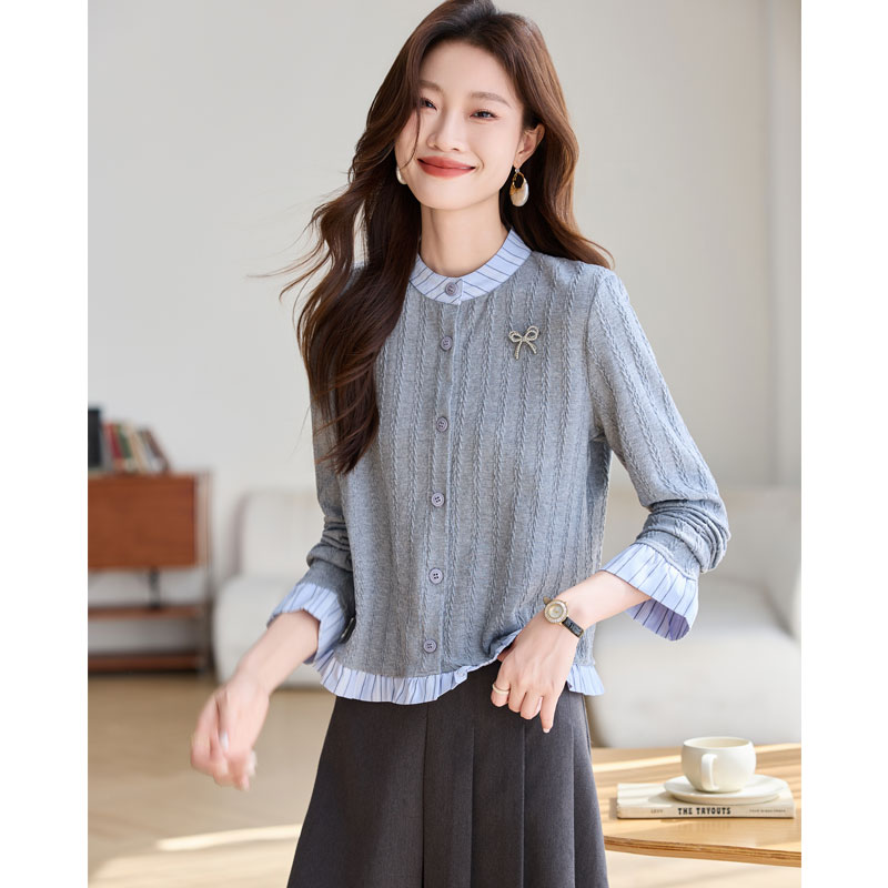 France style slim autumn tops stripe cstand collar sweater