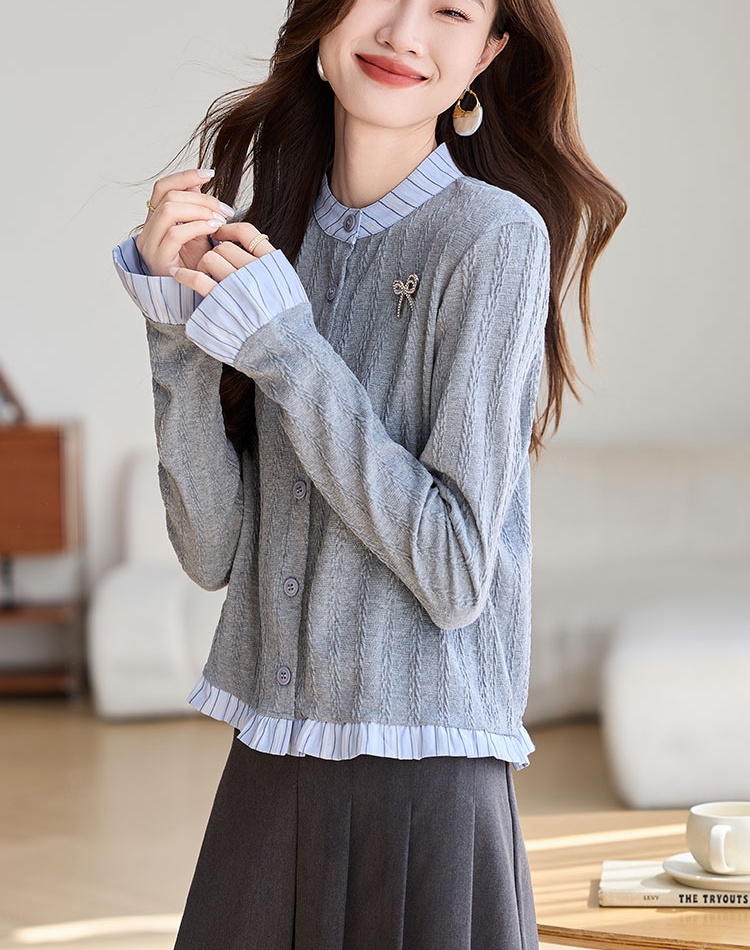 France style slim autumn tops stripe cstand collar sweater