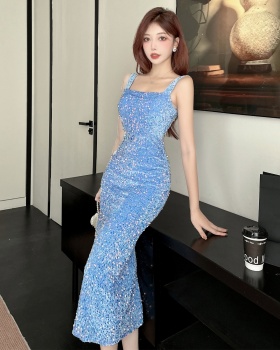 Ladies shiny long formal dress sequins slim package hip dress