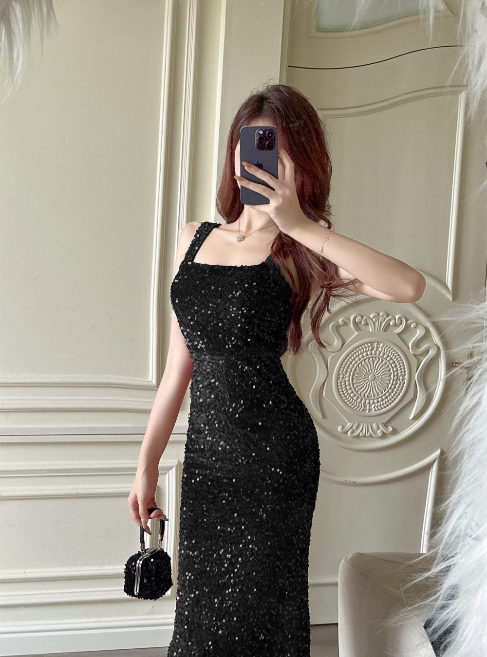 Ladies shiny long formal dress sequins slim package hip dress