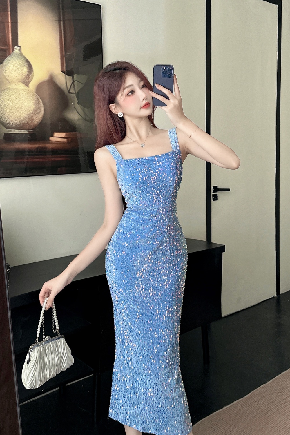 Ladies shiny long formal dress sequins slim package hip dress