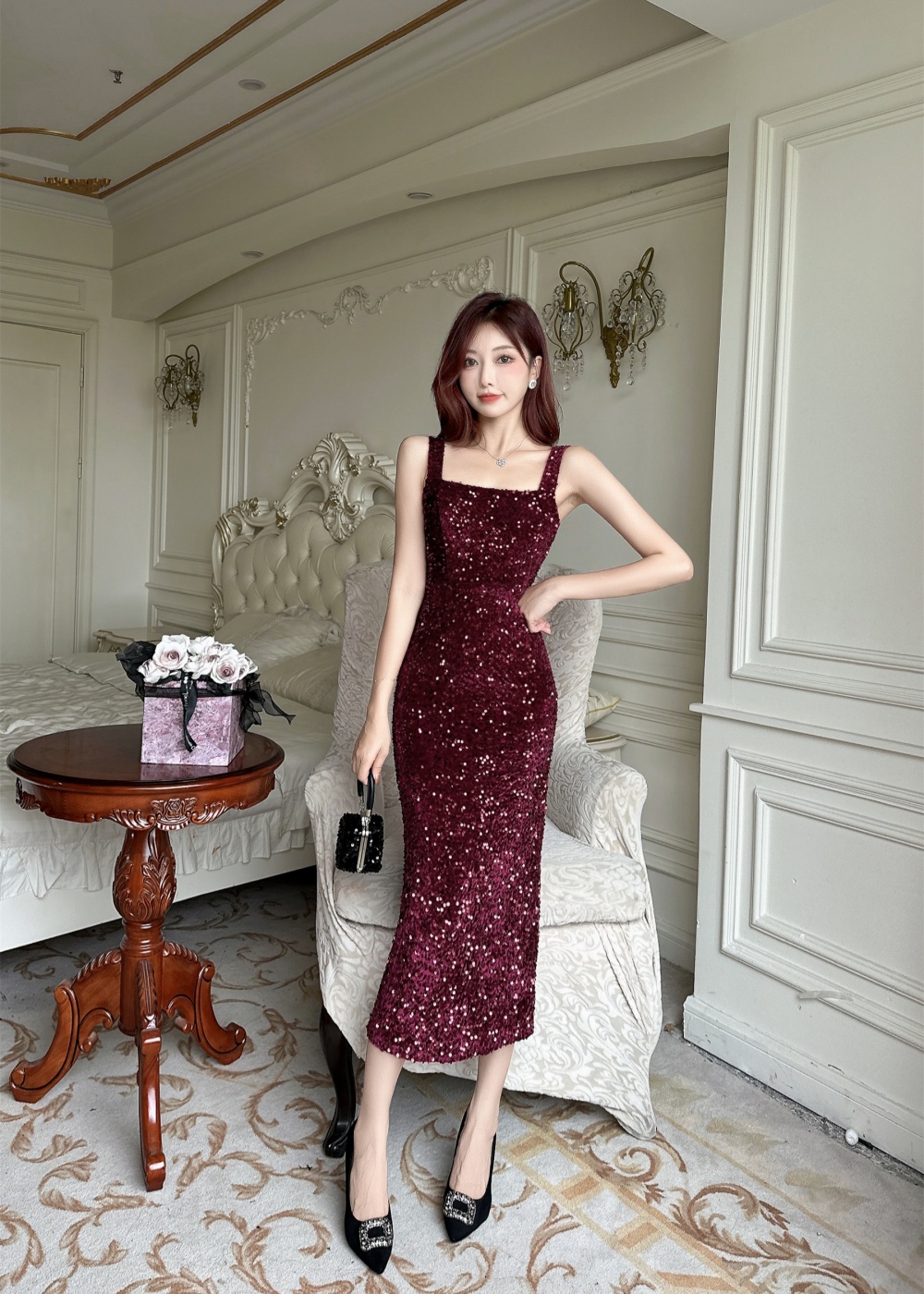 Ladies shiny long formal dress sequins slim package hip dress