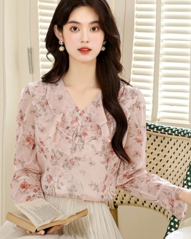 V-neck niche chiffon tops autumn floral shirt for women