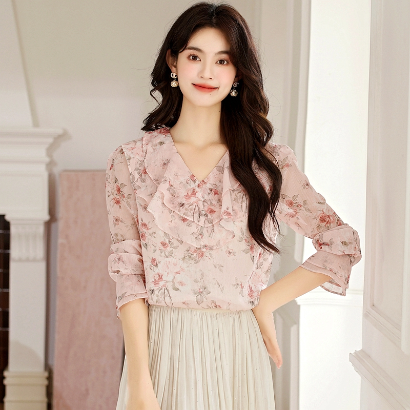 V-neck niche chiffon tops autumn floral shirt for women