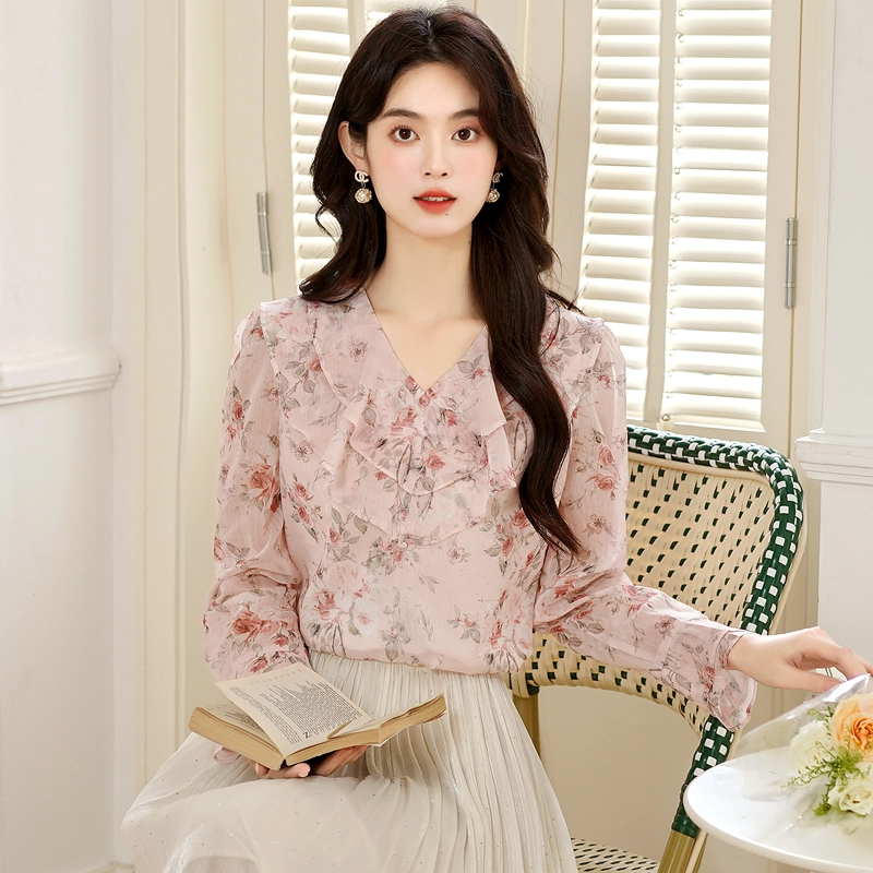 V-neck niche chiffon tops autumn floral shirt for women