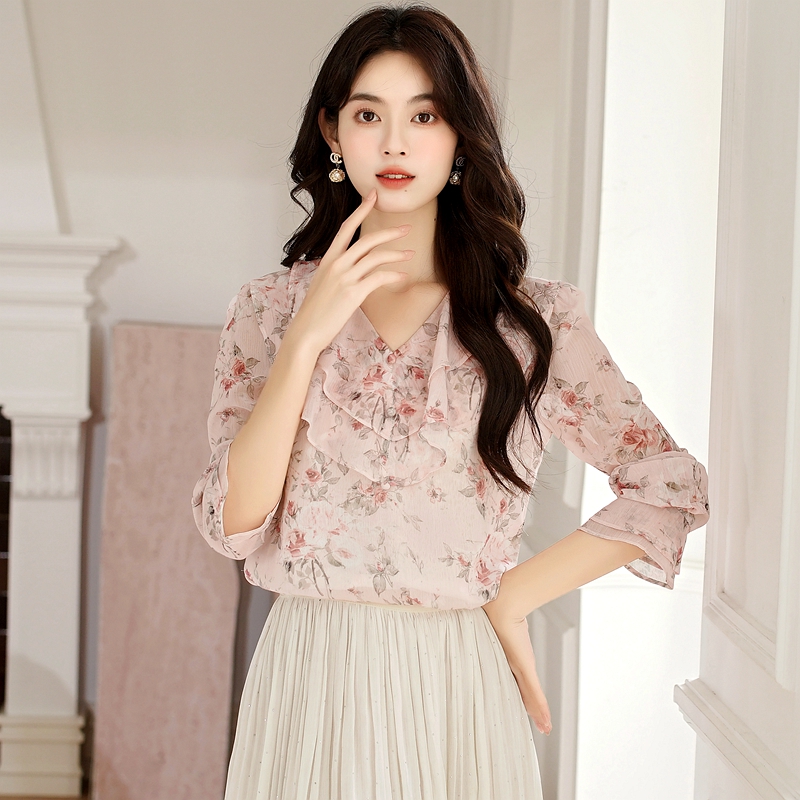 V-neck niche chiffon tops autumn floral shirt for women