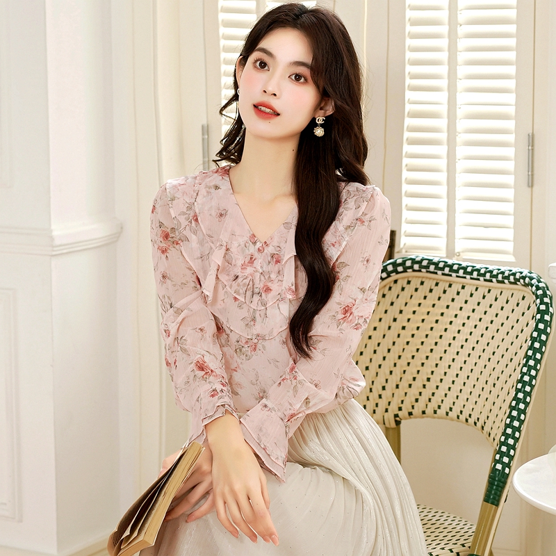 V-neck niche chiffon tops autumn floral shirt for women