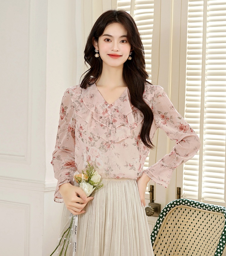 V-neck niche chiffon tops autumn floral shirt for women