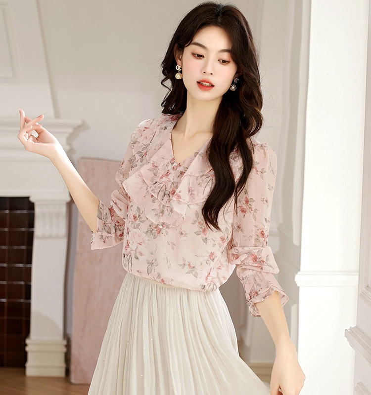 V-neck niche chiffon tops autumn floral shirt for women