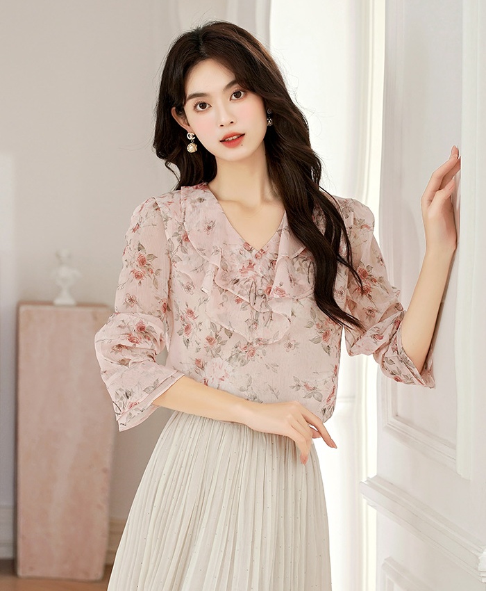 V-neck niche chiffon tops autumn floral shirt for women