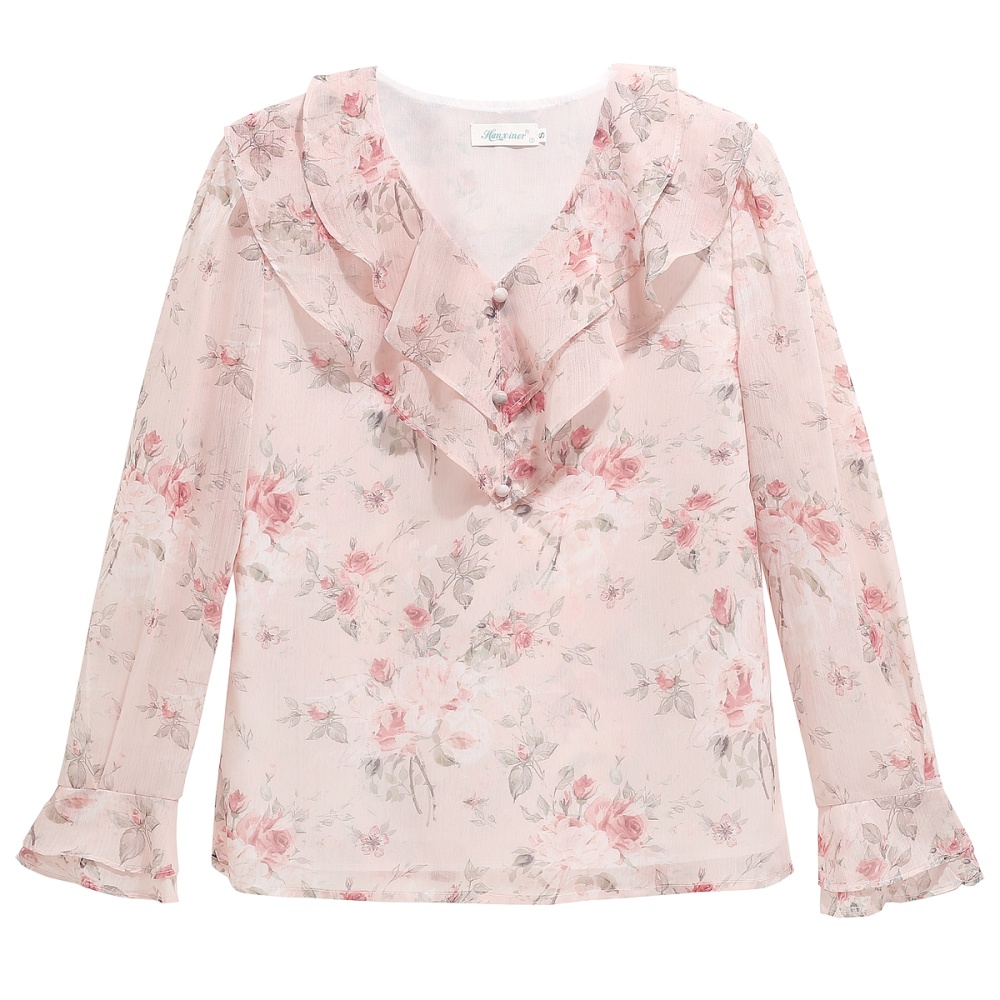 V-neck niche chiffon tops autumn floral shirt for women