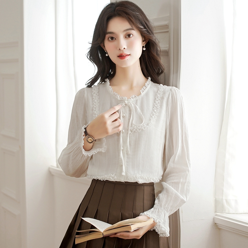 France style white autumn tops sweet temperament shirt