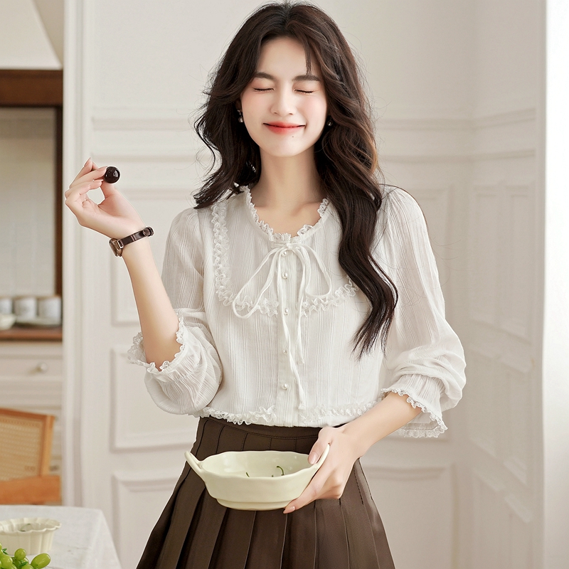 France style white autumn tops sweet temperament shirt