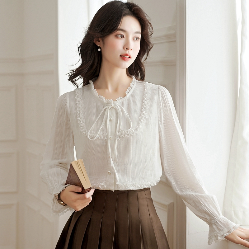 France style white autumn tops sweet temperament shirt