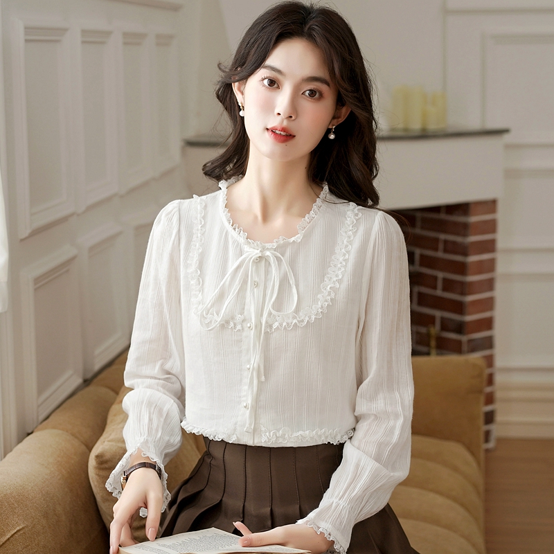 France style white autumn tops sweet temperament shirt