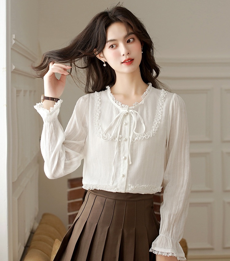 France style white autumn tops sweet temperament shirt