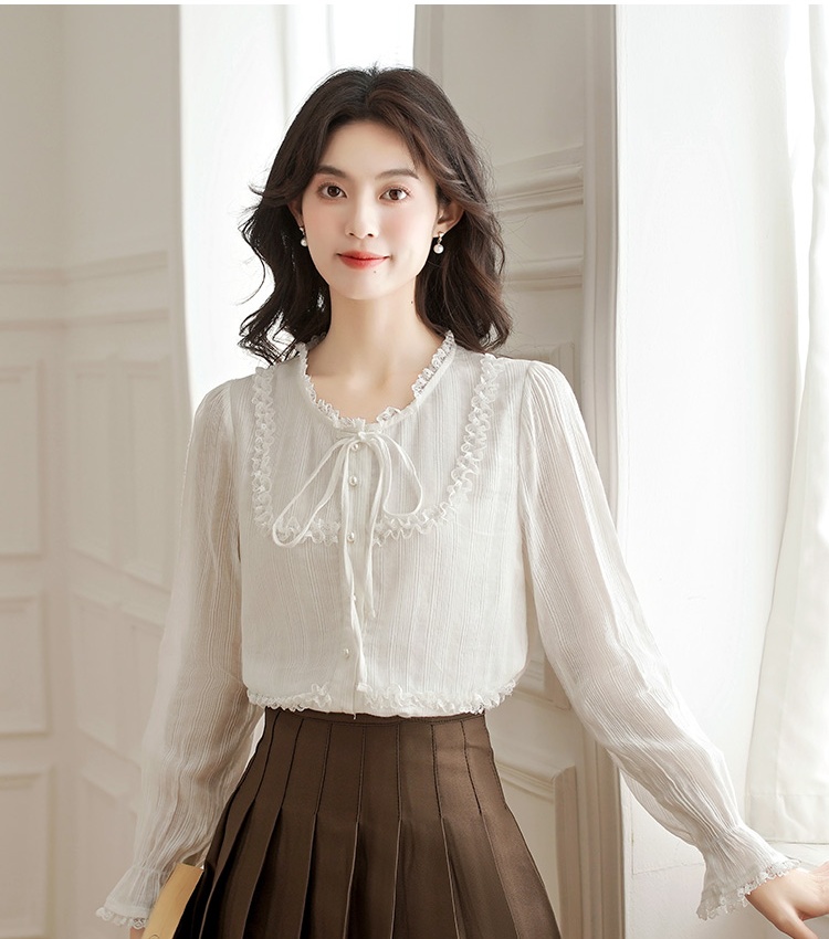 France style white autumn tops sweet temperament shirt