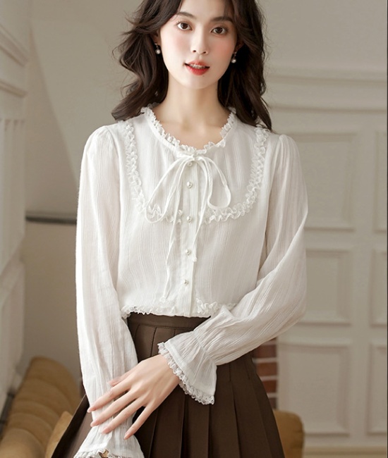 France style white autumn tops sweet temperament shirt