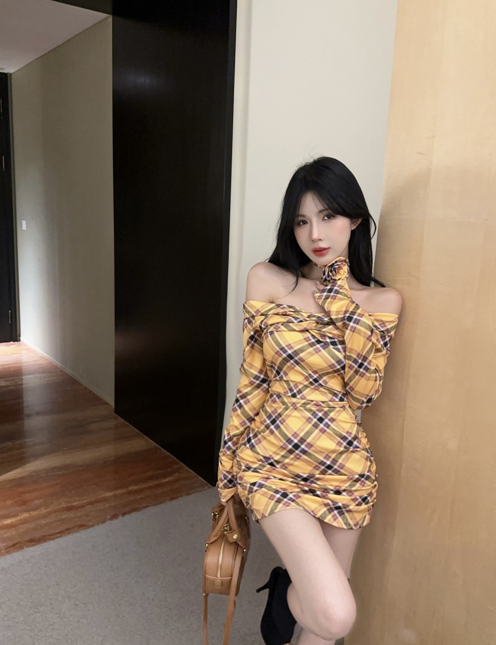 Flowers plaid fashion spicegirl horizontal collar dress