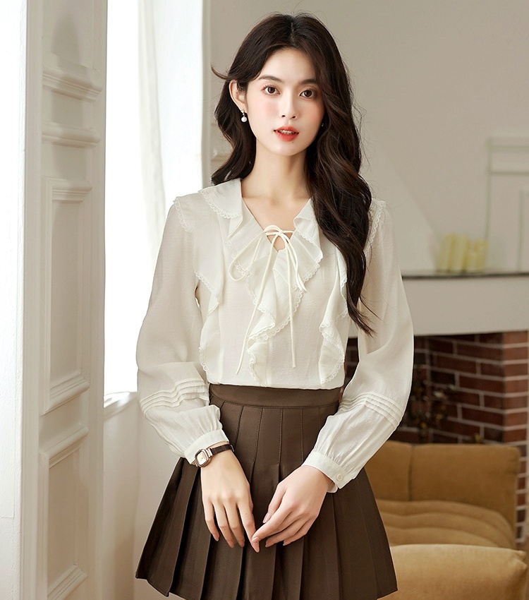 Frenum all-match autumn tops apricot long sleeve shirt