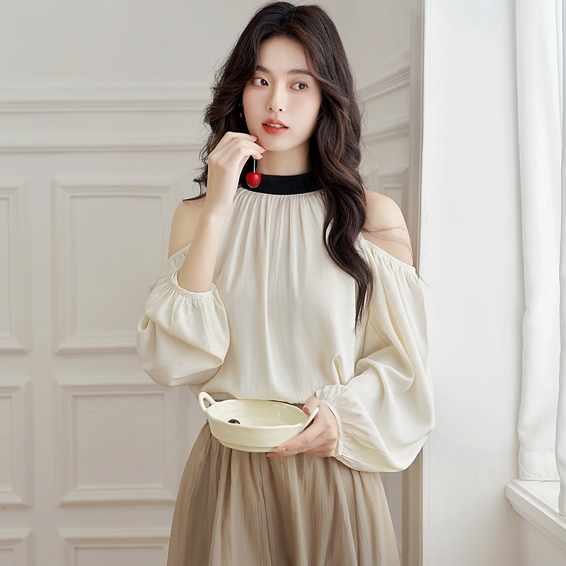 Long sleeve chiffon shirt France style tops for women