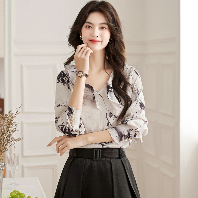 France style ink tops irregular Chinese style shirt for women