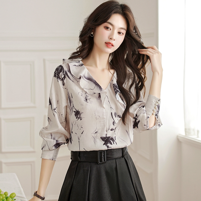 France style ink tops irregular Chinese style shirt for women